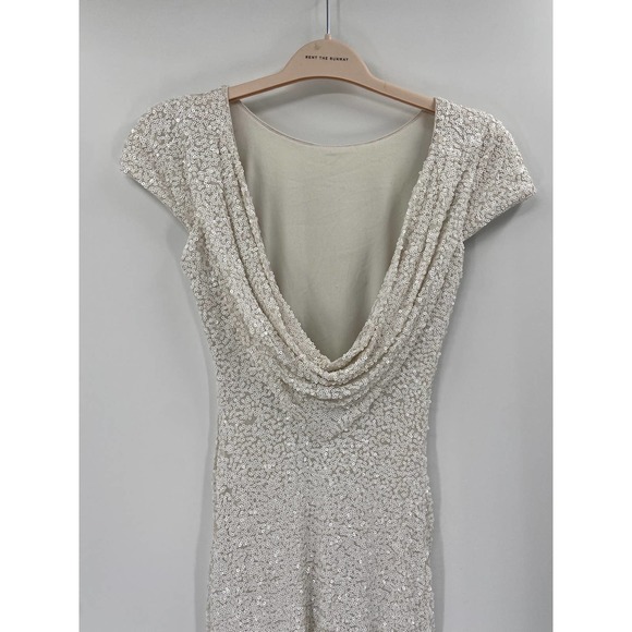 Badgley Mischka Sequined Draped Cowl Back Cap Sleeve Formal Maxi Gown Size 4 - Picture 5 of 8